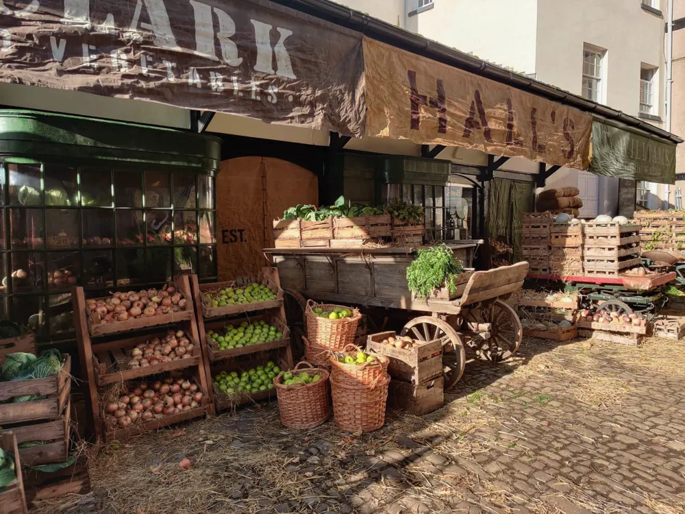 Beaufort Arms Court dressed as a Victorian market street for filming